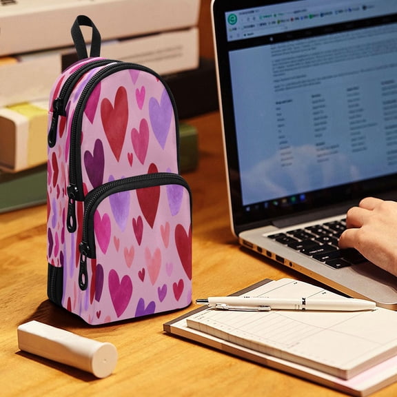 Backpack Pencil Case, 3 Compartment Large Capacity Oxford Fabric Pencil Pouch / Pink Red Heart Seamless Print