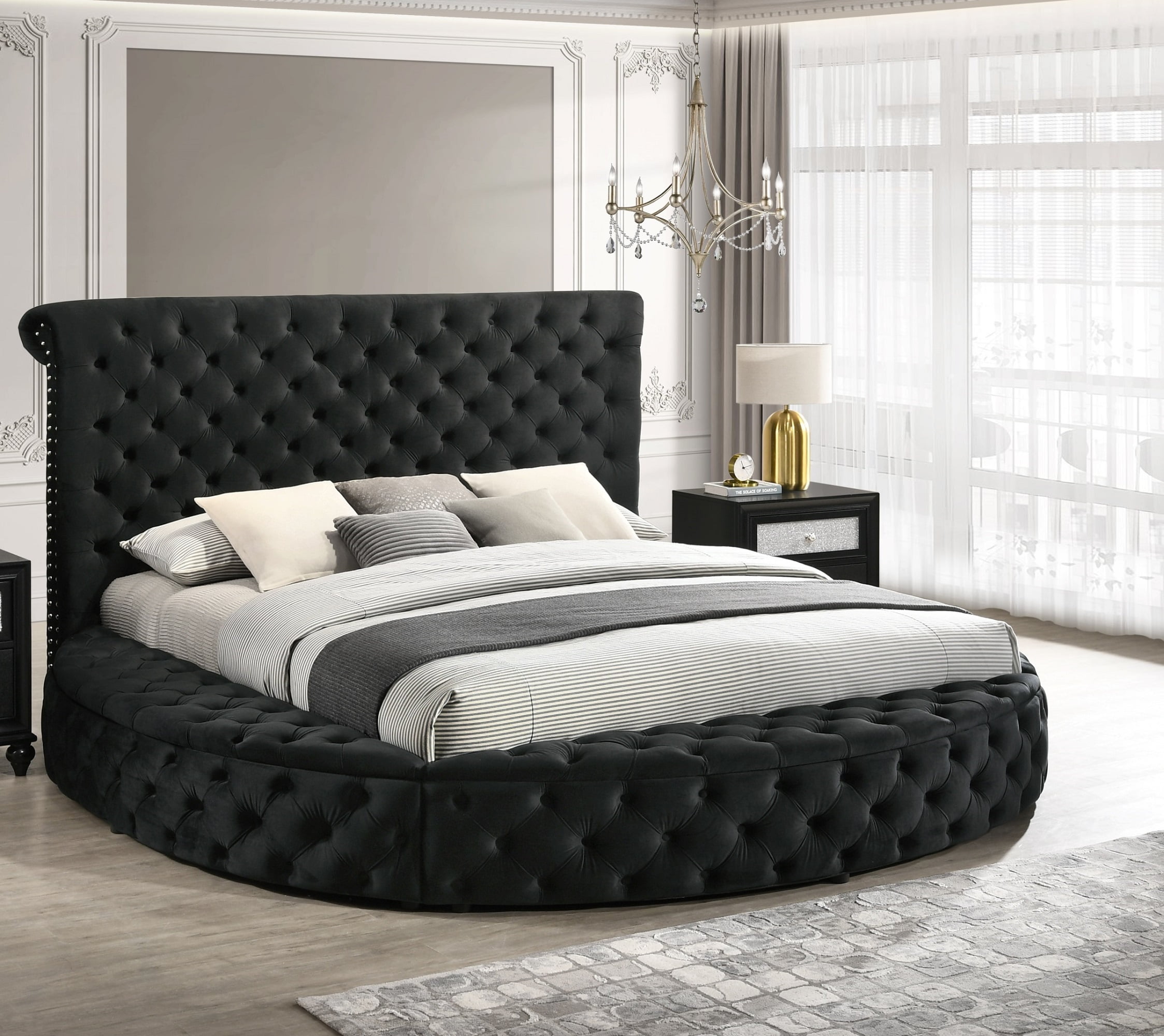 Bed Frame 1pc Unique Round Plush Black Velvet Button-Detailing Storage Bed King Size