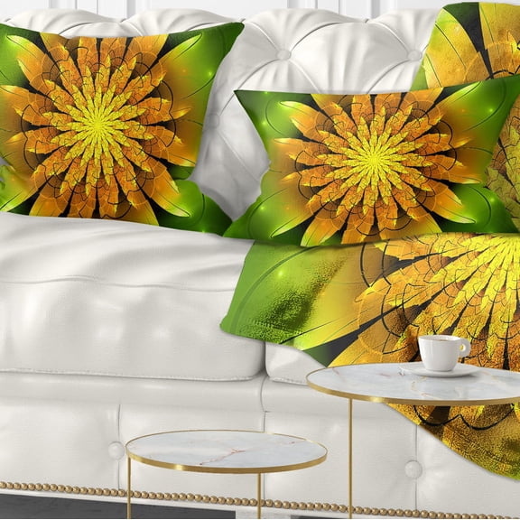 Designart Bright Yellow Fractal Flower on Green - Floral Throw Pillow - 12x20