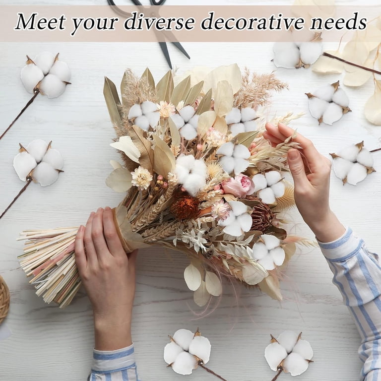 1 Piece Cotton Stems With Eucalyptus Leaves - Dried Flowers For Farmhouse Wedding Centerpieces
