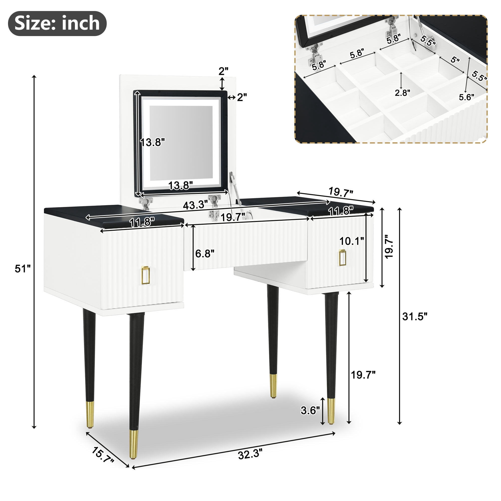 Euroco Modern Vanity Set with Flip-top Mirror and LED Light, Dressing Table with 2 Drawers, 43.3" Makeup Table, White and Black