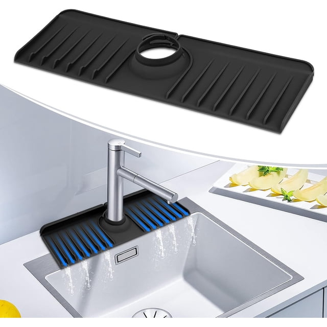 Adaptable Hole Silicone Sink Faucet Mat, Large Slope Drip Catcher Tray for Fast Drying, Kitchen Sink Accessories Splash Guard, Perfect for Bathroom Sink Area (14.5" x 5.4")
