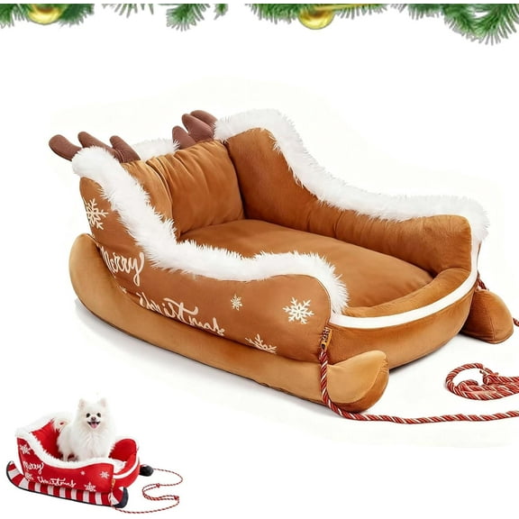 Christmas Sleigh Dog Bed, Funny Santa Sleigh Pet Warm Washable Dogs Beds, Soft Plush Washable Pet Sofa with Non-Slip Base, or Winter Indoor Outdoor, for Small & Large Pets (Brown,S)