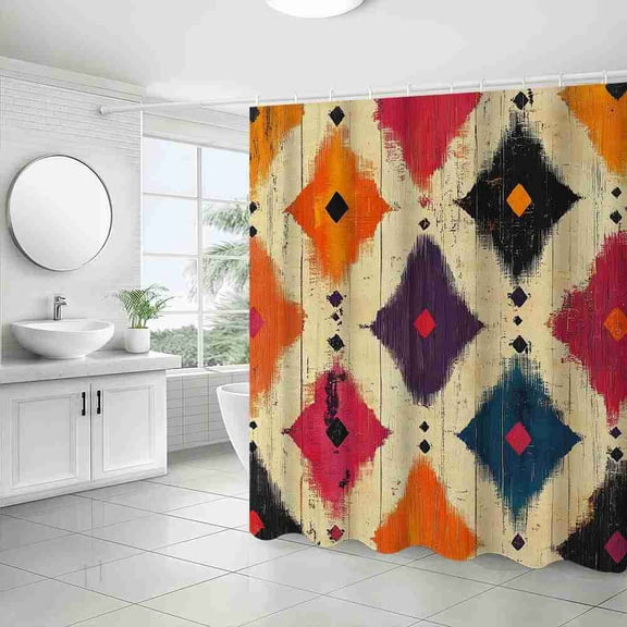 70x70 inch Colorful Geometric Diamond Boho Shower Curtain, Waterproof Polyester Fabric with Hooks for Bathroom Decor