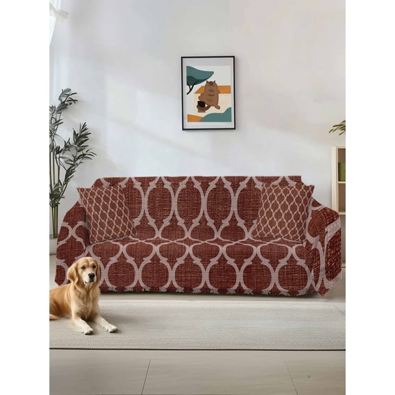 Brown Moroccan Couch Cover, Morocco Abstract Quatrefoil Geometric Sofa Cover Blanket for 2 Seat Cushion, Sectional Sofa Slipcover Furniture Protector for Living Room Bedroom 71''x102''
