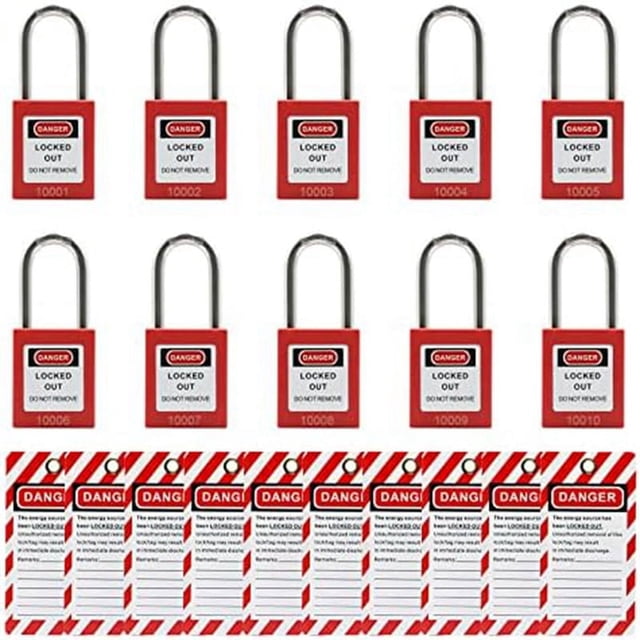 10 cerraduras de bloqueo y etiquetado rojas con 10 etiquetas de bloqueo y etiquetado, con llaves diferentes