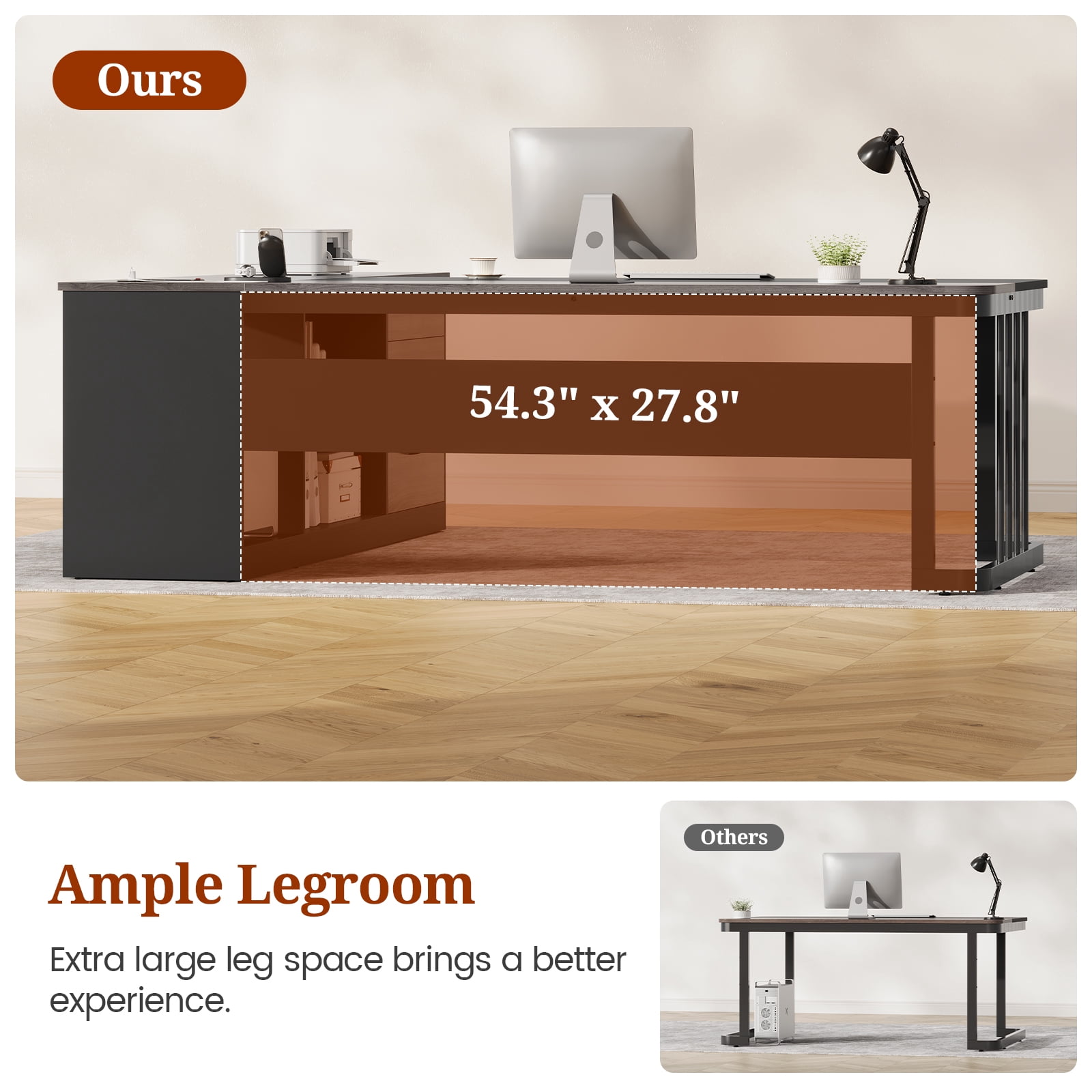 71" Executive Desk, L Shaped Computer Desk with Power Outlets, Corner Office Desk with 3 Drawers, Business Furniture Desk, Gray