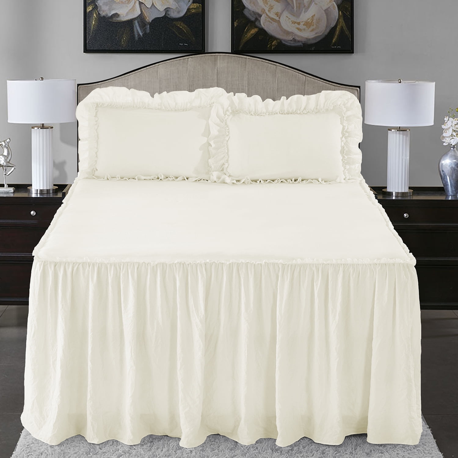 Homechoice 3Piece Prewashed King Ivory Ruffle Skirt Bedspread with