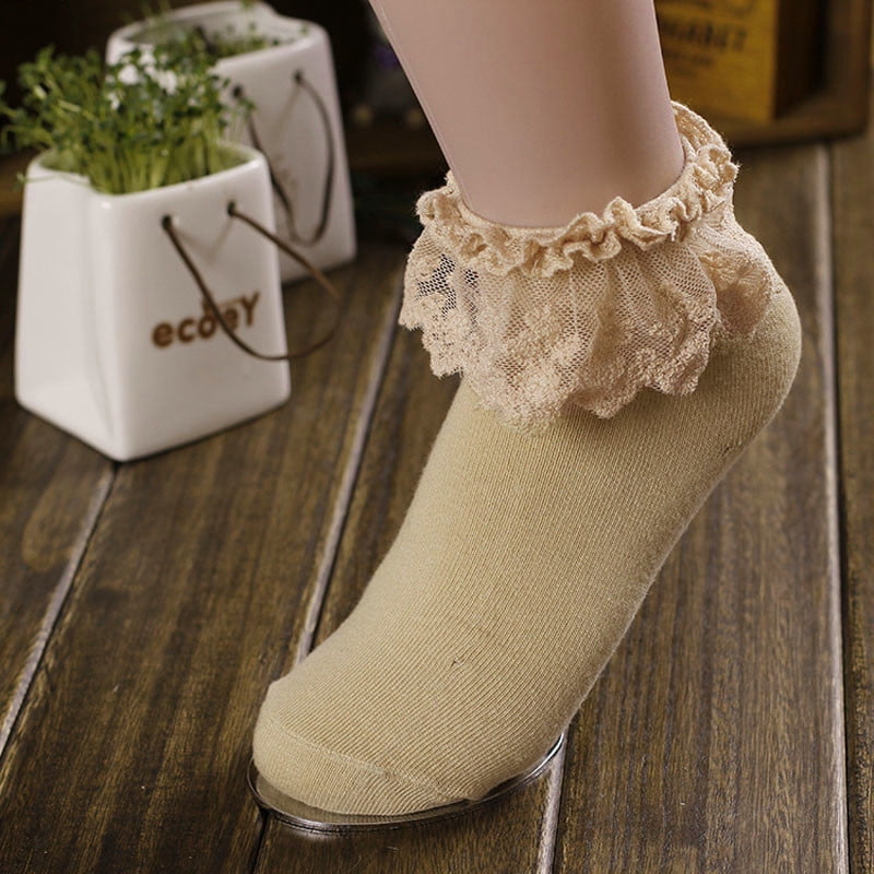 LASHALL SOCK Women Vintage Lace Ruffle Frilly Ankle Socks Princess Girl  Cotton Socks(Buy 2 Receive 3) 