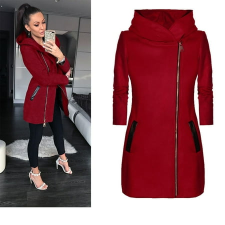 

Women s Winter Jacket with Hood & Pockets Side Zipper Mid-Length Coat Solid Color for Spring Fall Long Sleeve Woman s Hoodie Outwear Fleece Lined S Red