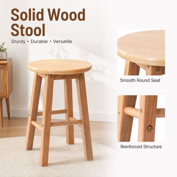 HOXZODT Wood Stool, Solid Round Seat Counter Height Stool with Four Legs and Footrest, 17.7 Inch Tall Wooden Stool for Kitchen Island Bar Dining Room and Vanity