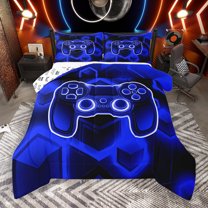 Manfei Game Full Size Comforter Sets,Blue Gamepad Controller Bedding Comforter Set,Abstract Geometric Bedding Sets For Boy,Microfiber Room Decor Reversible,3-Piece