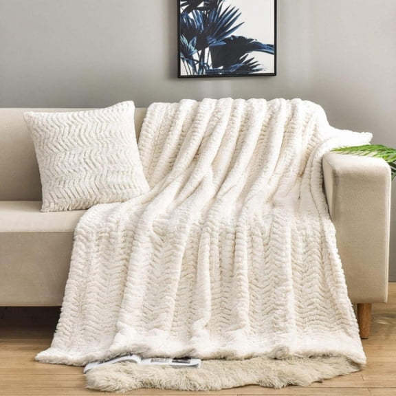 Luxury Double Sided Faux Fur Throw Blanket(Without Pillows),Soft Fuzzy Fluffy Cozy Plush Furry Comfy Warm Blanket for Couch Bed Chair Sofa Bedroom Women Teen Girls Gift(Ivory,50" x 63")