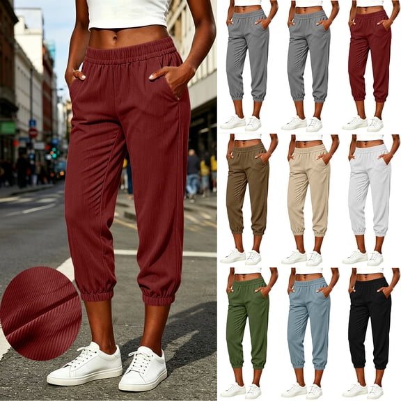 BUIGTTKLOP Corduroy Capri Pants for Women High Waisted Pull on Active Jogger Capris Baggy Cropped Jogger Pants with Pockets
