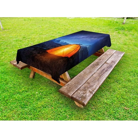 

Night Outdoor Tablecloth Camping Tent Under a Night Sky Full of Stars Holiday Adventure Exploring Outdoors Decorative Washable Fabric Picnic Table Cloth 58 X 84 Inches Blue Orange by Ambesonne