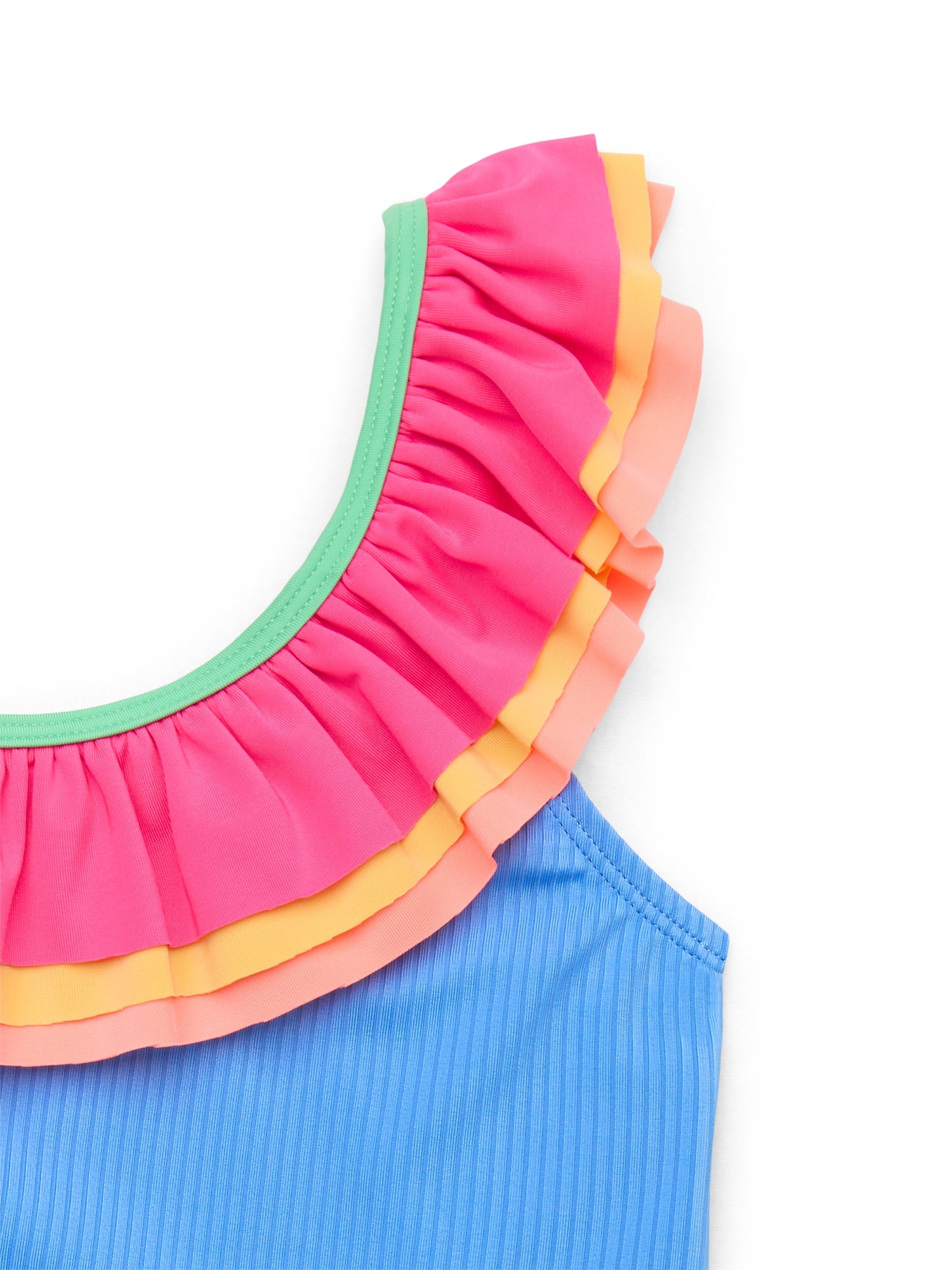 Wonder Nation Girls Ribbed One Shoulder Ruffle One Piece Swimsuit with UPF 50+, Sizes 4-18 & Plus