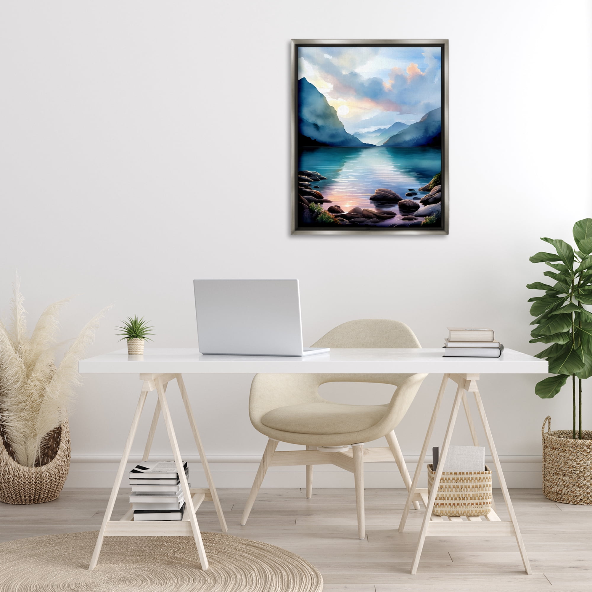 Stupell Industries Rocky Mountain Beach Landscape Painting Gray Floater Framed Art Print Wall Art, 25 x 31