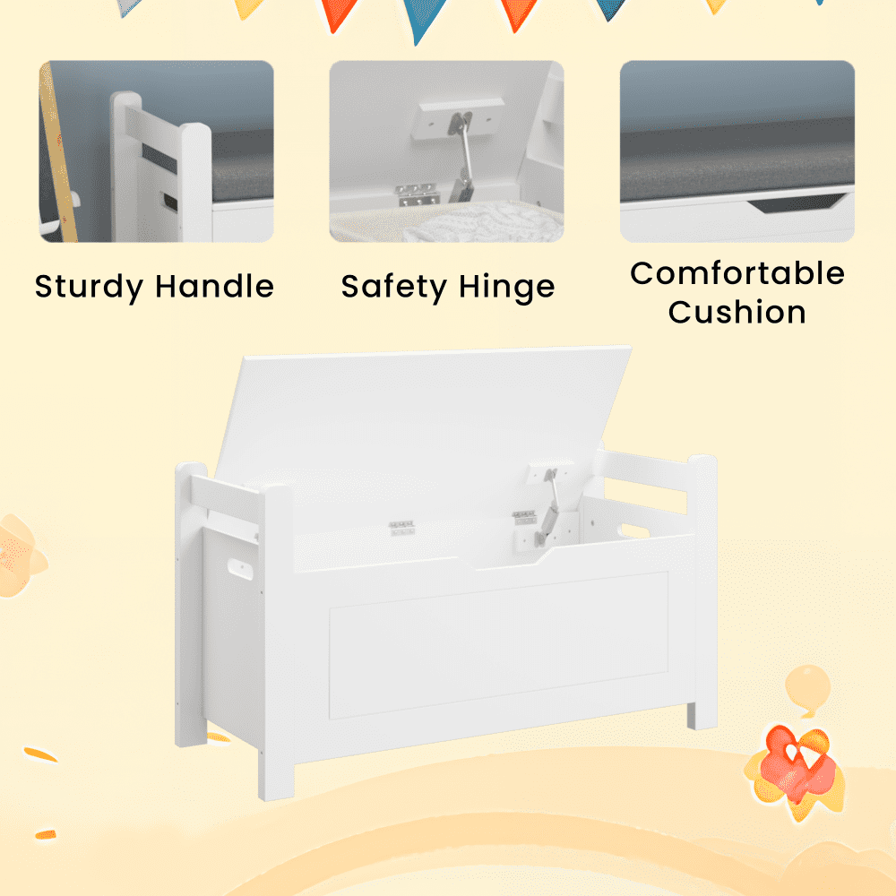 IVV 35"W Storage Chest, Wooden Storage Bench with Seating Cushion, Lift Top Toy Chest with Safety Hinges, Entryway Shoes Bench for Living Room, Bedroom, White