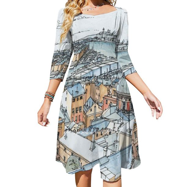 Panorámica de Génova Vestido de cuello cuadrado Lindos vestidos holgados estampados Elegante vestido de fiesta en la playa Génova Italia Acuarela Panorámica