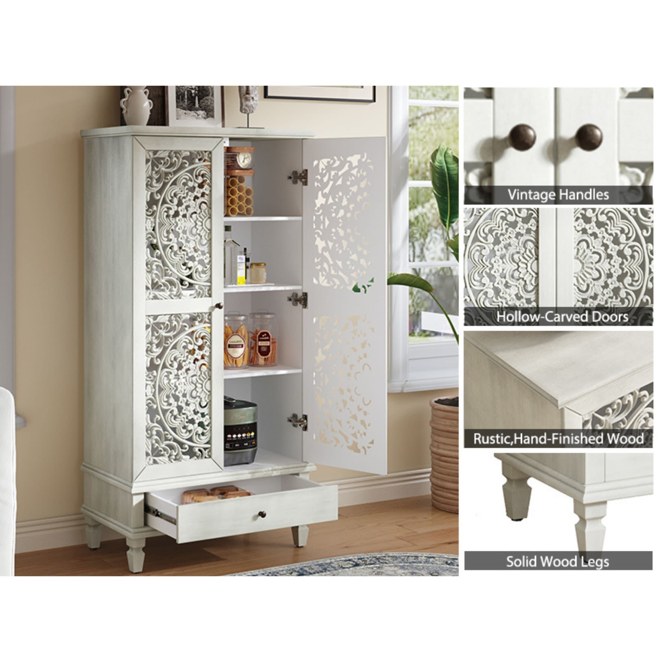 Noble house Rustic Tall Storage Cabinet with Drawer, Carved 2-Door Cabinet with Solid Wood Legs,Antique White