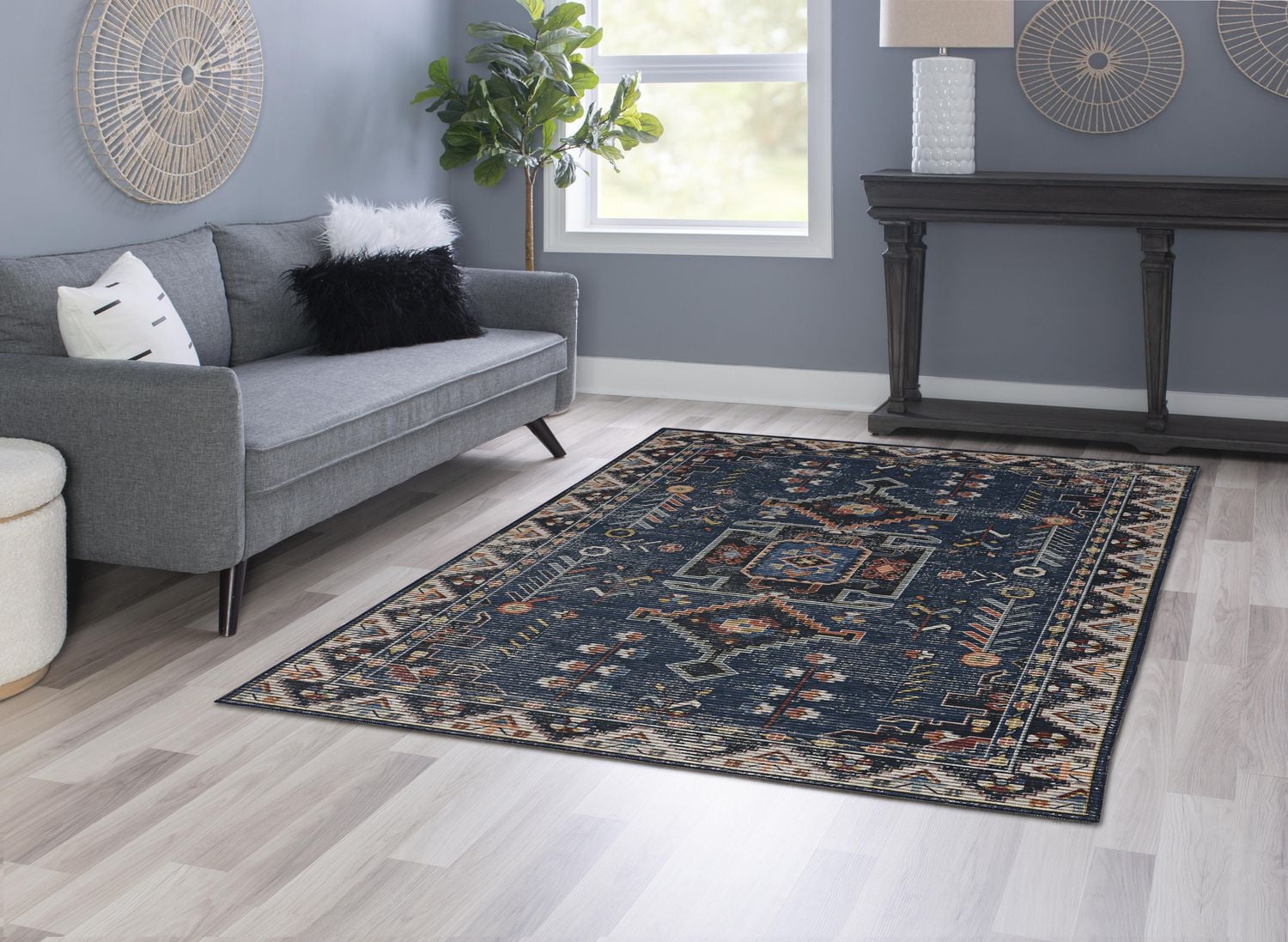 Larson 5' x 7' Washable Area Rug, Teal and Ivory