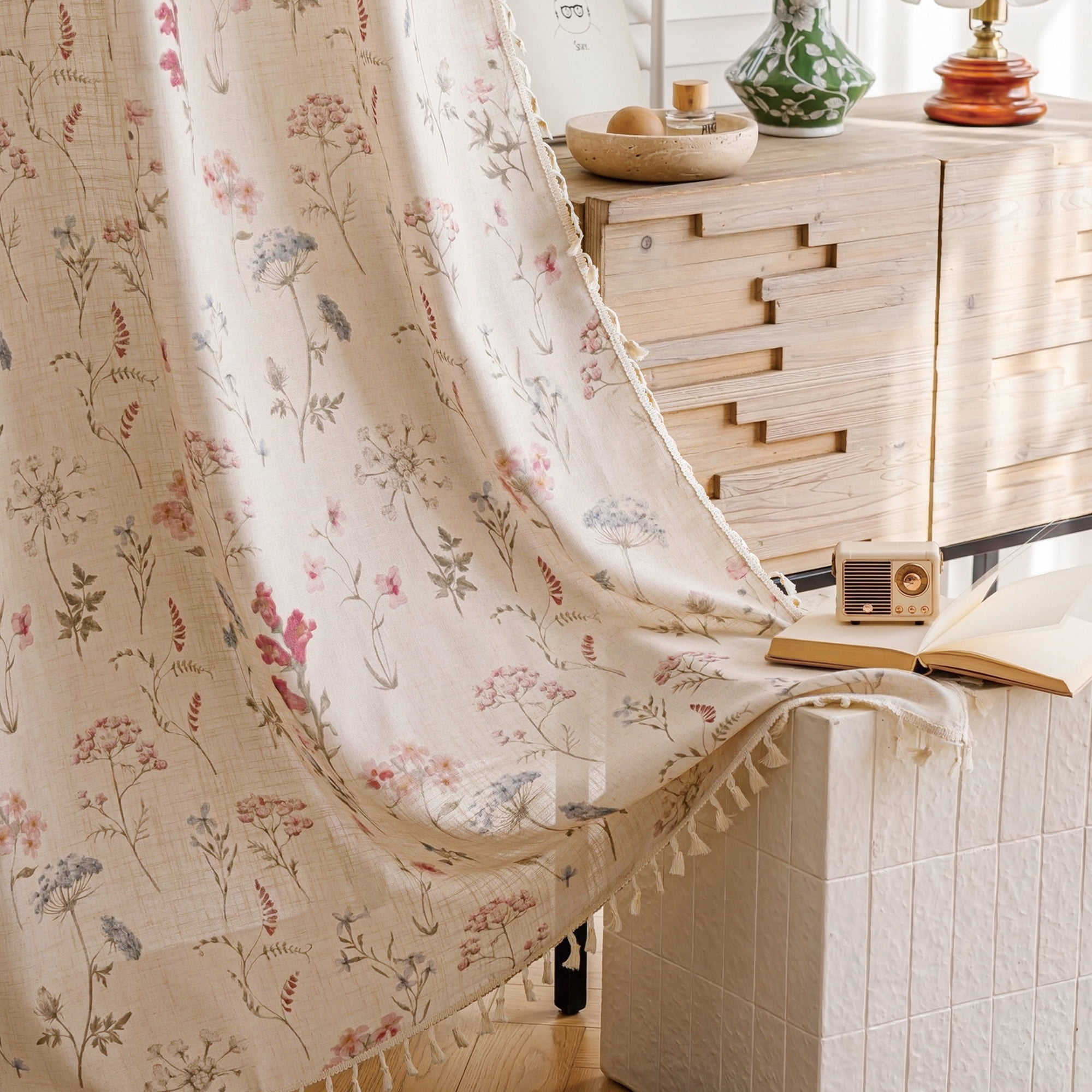 Seasonwood Floral Curtain for Living Room, 108 Inch Farmhouse Semi-Blackout Curtain,1 Panel,Beige,52" x 108"