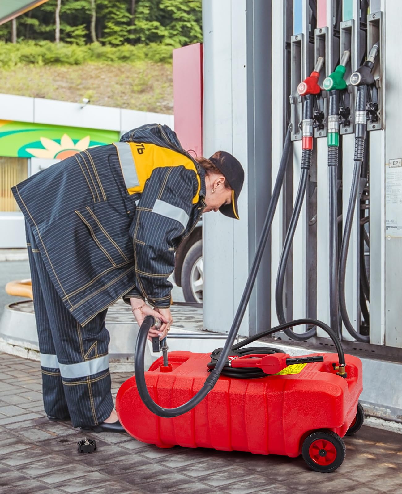 2025 New Fuel Caddy 15 Gallon, Portable Gasoline Tank Container With Manual Fuel Transfer Pump, 10ft Long Hose & Wheels, Portable Gas Tank for Cars, Lawn Mowers, Boats