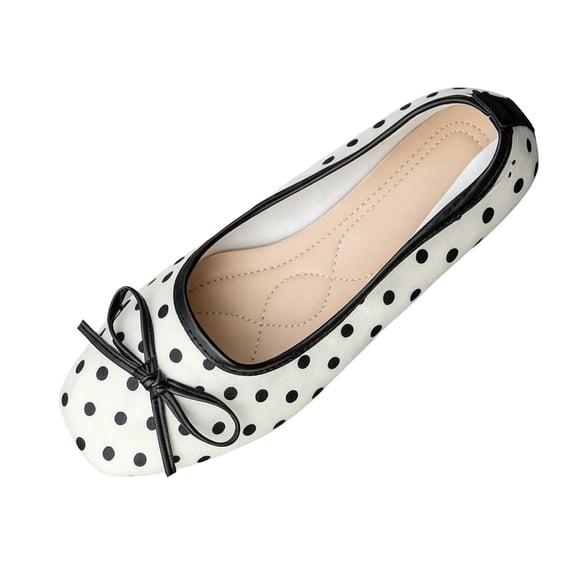 Gpaecead Women's Bow Polka Dot Flats Square Toe Vintage Slip On Cushioned Insole Non Slip Shoes For Commute And Casual, White