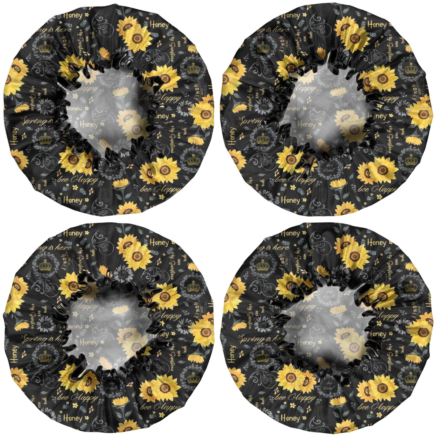 Shower Caps,Black Sunflower Word Pattern Waterproof Shower Cap for Women 4 Pieces,Double Reusable Hair Cover for Shower PEVA Elastic Stretch Hem