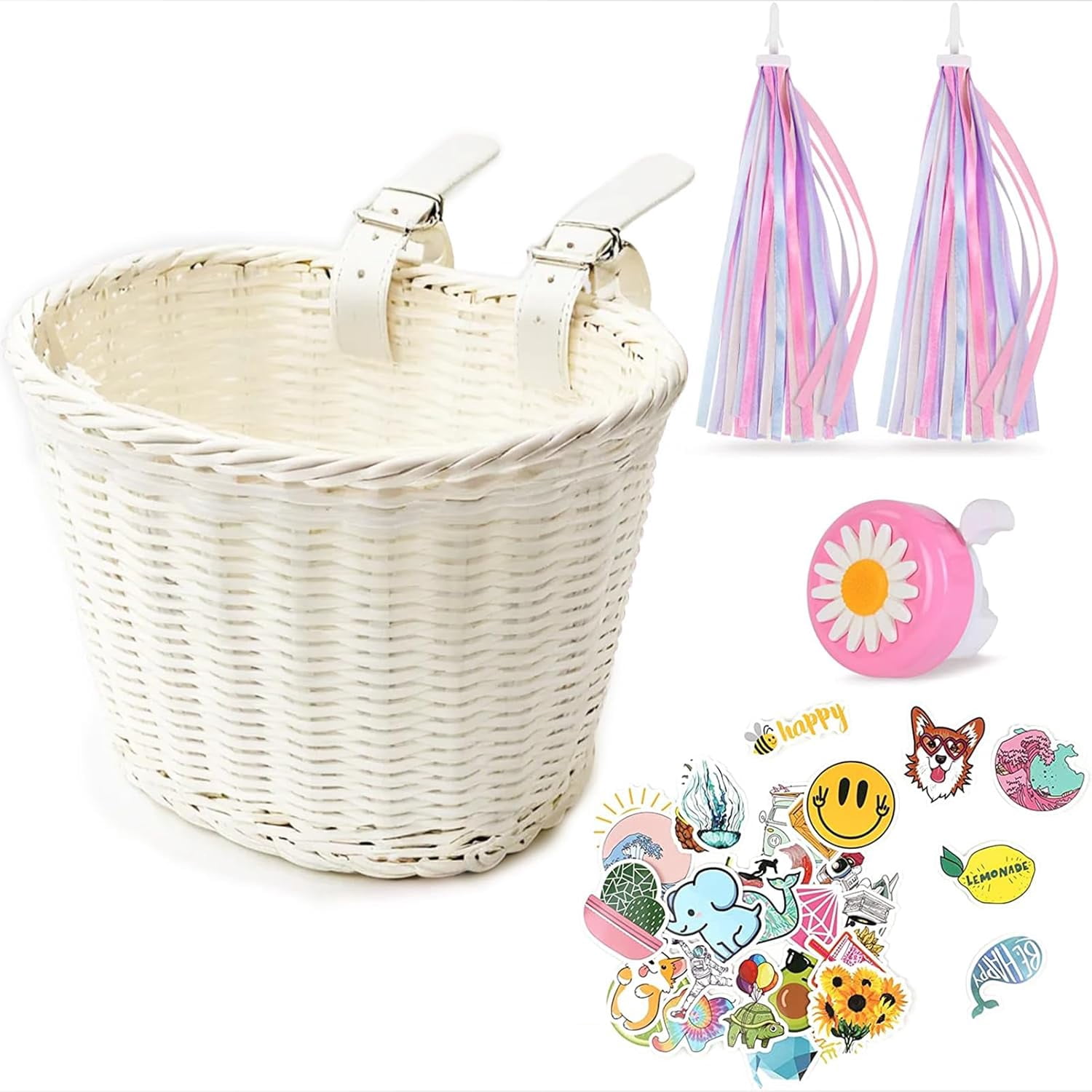 Kid's Bicycle Basket Colored Tassels Wicker Front Handlebar Bike Basket with Streamers Bell and Stickers Bicycle Decoration for Girls and Boys