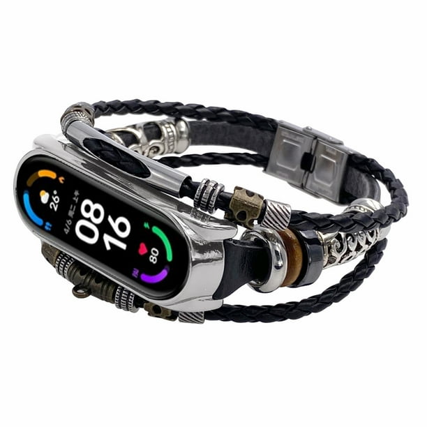 Retro Strap Replacement for Mi Band 6 6 NFC Wrist Strap Compatible with Xiaomi Mi Band 5 Leather Strap Replacement Leather Beading Bracelet