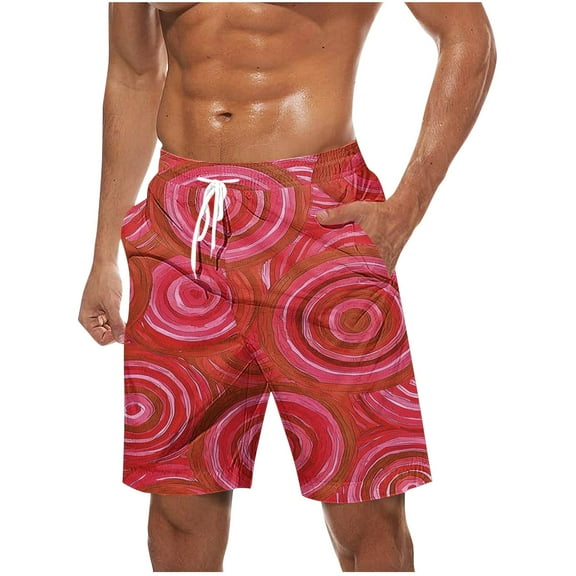 BVnarty Men's Geometric Circle Pattern Swim Trunks Elastic Waist Drawstring with Side Pockets Breathable Lightweight Outdoor Beach Vacation Daily Shorts Red XL