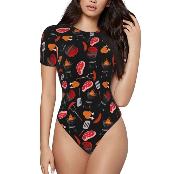 Balery BBQ Body de cuello redondo de manga corta para mujer Tops de manga corta Tops básicos-Large