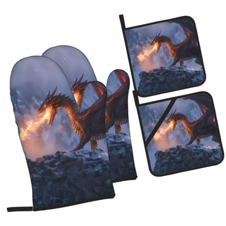 

Zufioo Winter Fire Dragon Oven Mitts and Pot Holders 4pcs Set Kitchen Oven Glove High Heat Resistant 500 Degree Extra Long Oven Mitts for Kitchen Baking Cooking