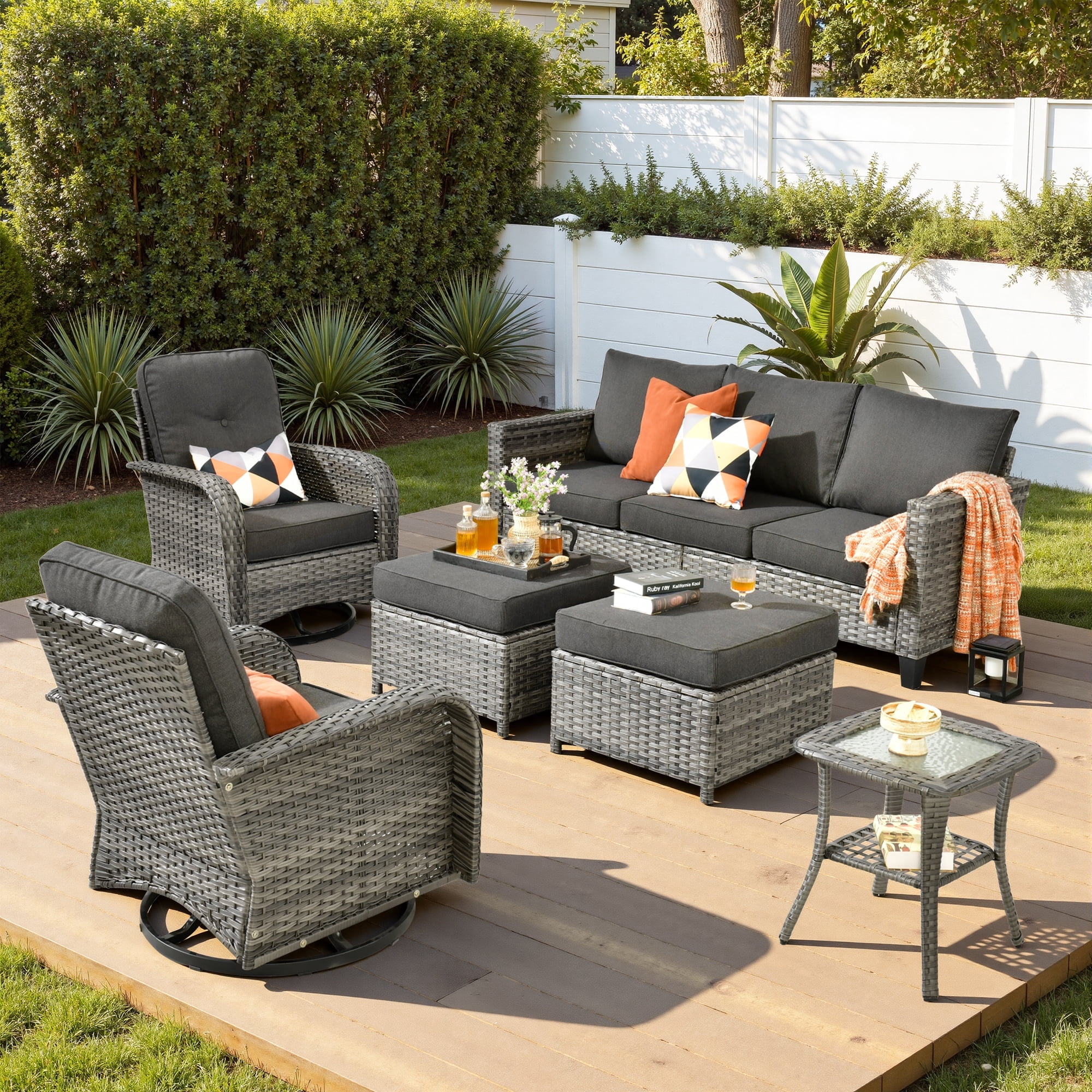 Ovios 6 Pieces Outdoor Patio Furniture Set All-Weather Wicker Rattan Sectional Sofa with Swivel Chairs Ottomans Side Table