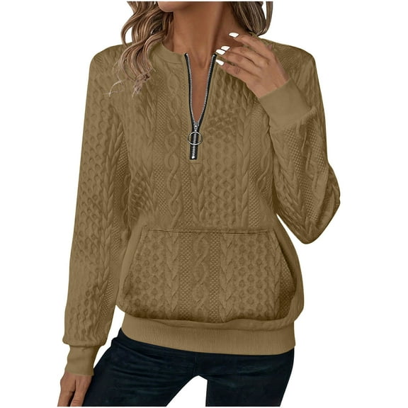 QQAMB Sweatshirts for Women Jacquard Quarter Zip Loose Long Sleeve with Pockets Fall Winter Pullover Tops Khaki XL