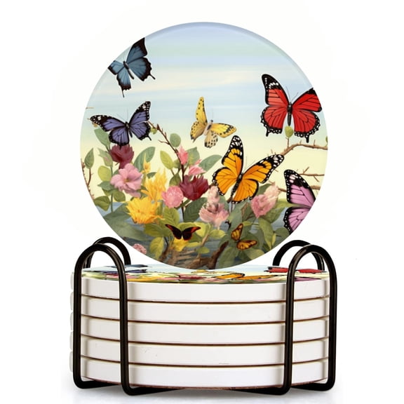 Butterflies Flying In The Sky Above Flowers And Branches Set of 6 Ceramic Coasters with Holder, Absorbent Drink Bar Coasters, Table Coasters for Living Room Decor Tabletop Protection