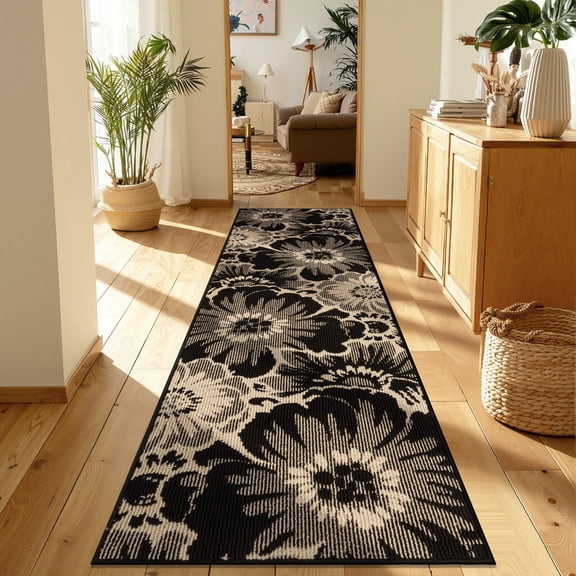 Findosom Runner Rug for Hallway 2x7 ft,Non-slip Machine Washable Runners Flower Floor Mats Low Pile Carpet Rug Runner with Rubber Backing for Entryway Doormat Bathroom Kitchen Laundry Room,Black