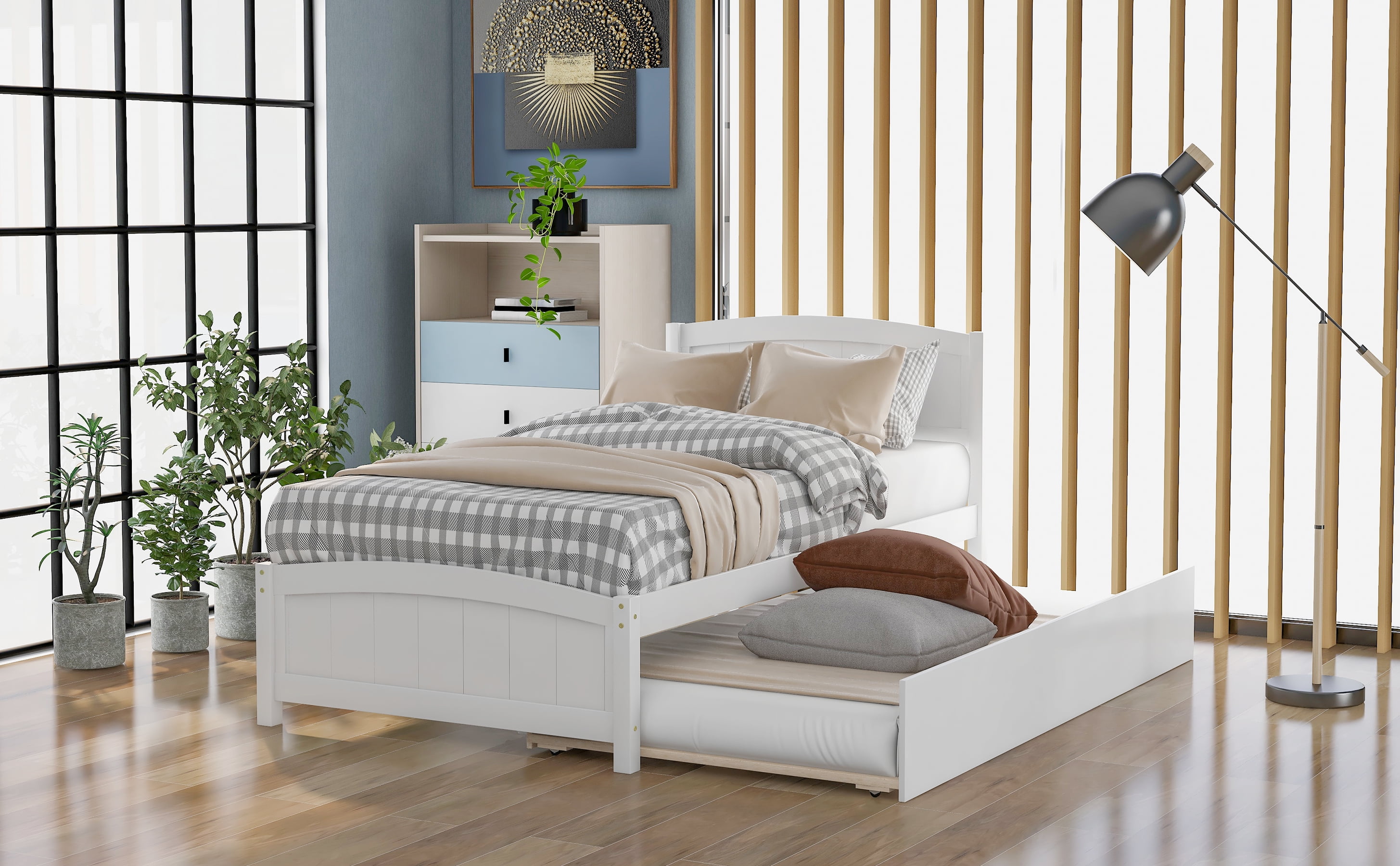 Mintazer Farmhouse Solid Wood Twin Platform Bed Frame with Trundle for Teens, Boys, Girls, No Box Spring Needed, White