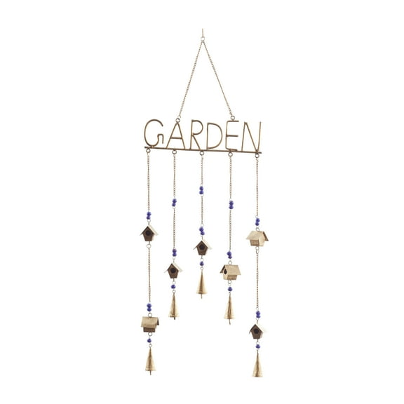 DecMode 36" Brass Metal Indoor Outdoor Garden Geometric Windchime with Glass Beads and Bells