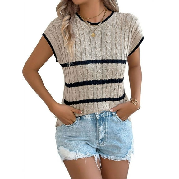 Sleeveless Sweater Vest Summer Sweater for Women Crewneck Sleeveless Clothes 2025 Trendy Casual Knit Tops Khaki S