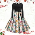 thumbnail image 2 of Women's Casual Dress Autumn Winter Christmas Print Retro Long Sleeve Crew Neck Lace Up Flowy Comfortable Stylish Party Holiday Outfit, 2 of 2