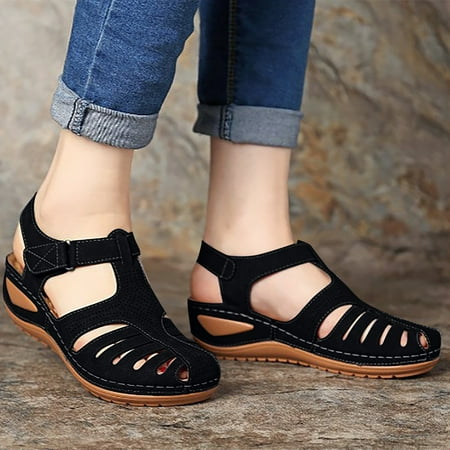 

Hvyesh Women s Cutout Closed Toe Toe Platform Wedge Sandals Outdoor Non-Slip Comfortable Bohemia Beach Gladiator Roman Sandals