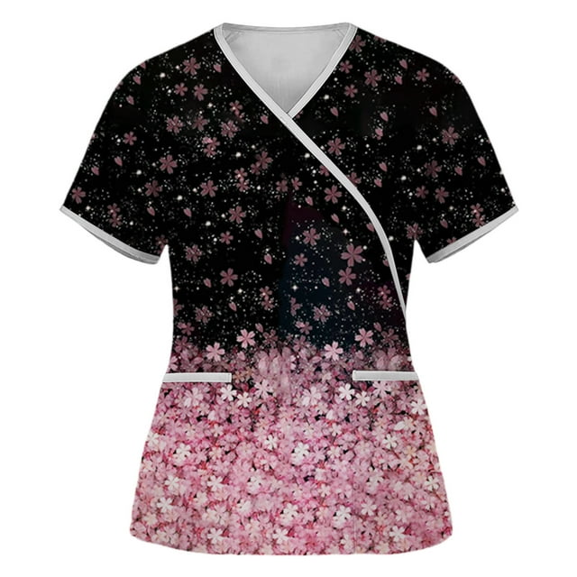 SuoKom Uniforme pour Femmes Extensible Léger avec Poches Manches Courtes Col en V Hauts Floraux pour Femmes T-Shirts Chemises pour Femmes