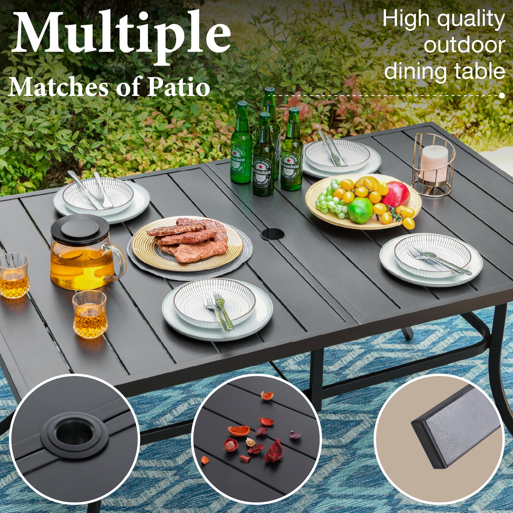 SUMMIT LIVING 7-Piece Outdoor Patio Dining Set with 6 Textilene Chairs & 60" Rectangle Metal Steel Table with Umbrella Hole, Black & Tan
