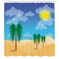 thumbnail image 2 of Oasis Shower Curtain, Computer Graphics of Palm Silhouettes and the Sunny Sky Hot Climate, Fabric Bathroom Set with Hooks, 69W X 75L Inches Long, Violet Blue and Multicolor, by Ambesonne, 2 of 2