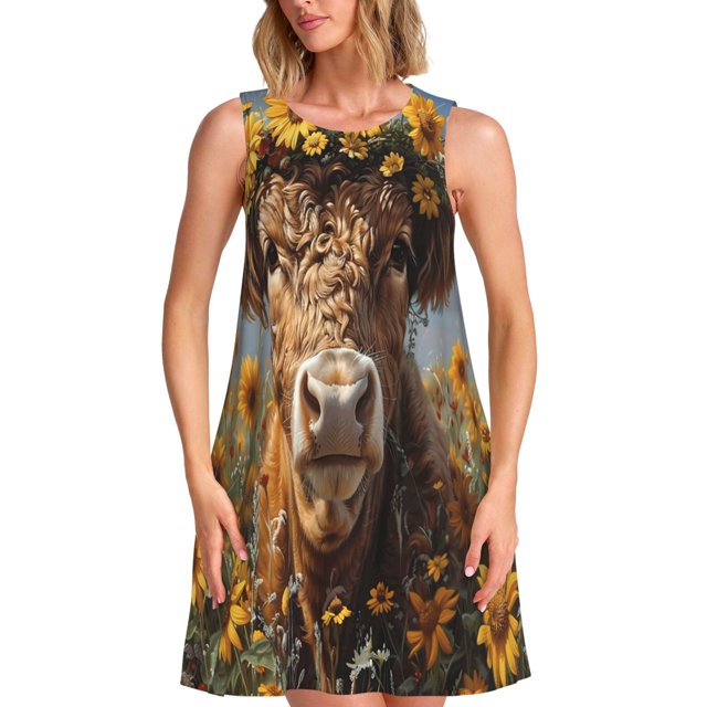 Fotbe Cute Cow Sunflower Crown A Vestido de Verano sin Mangas para Mujer – Vestido Midi Línea A, Estilo Camiseta Floral, Vestido Playero Casual y Fluido