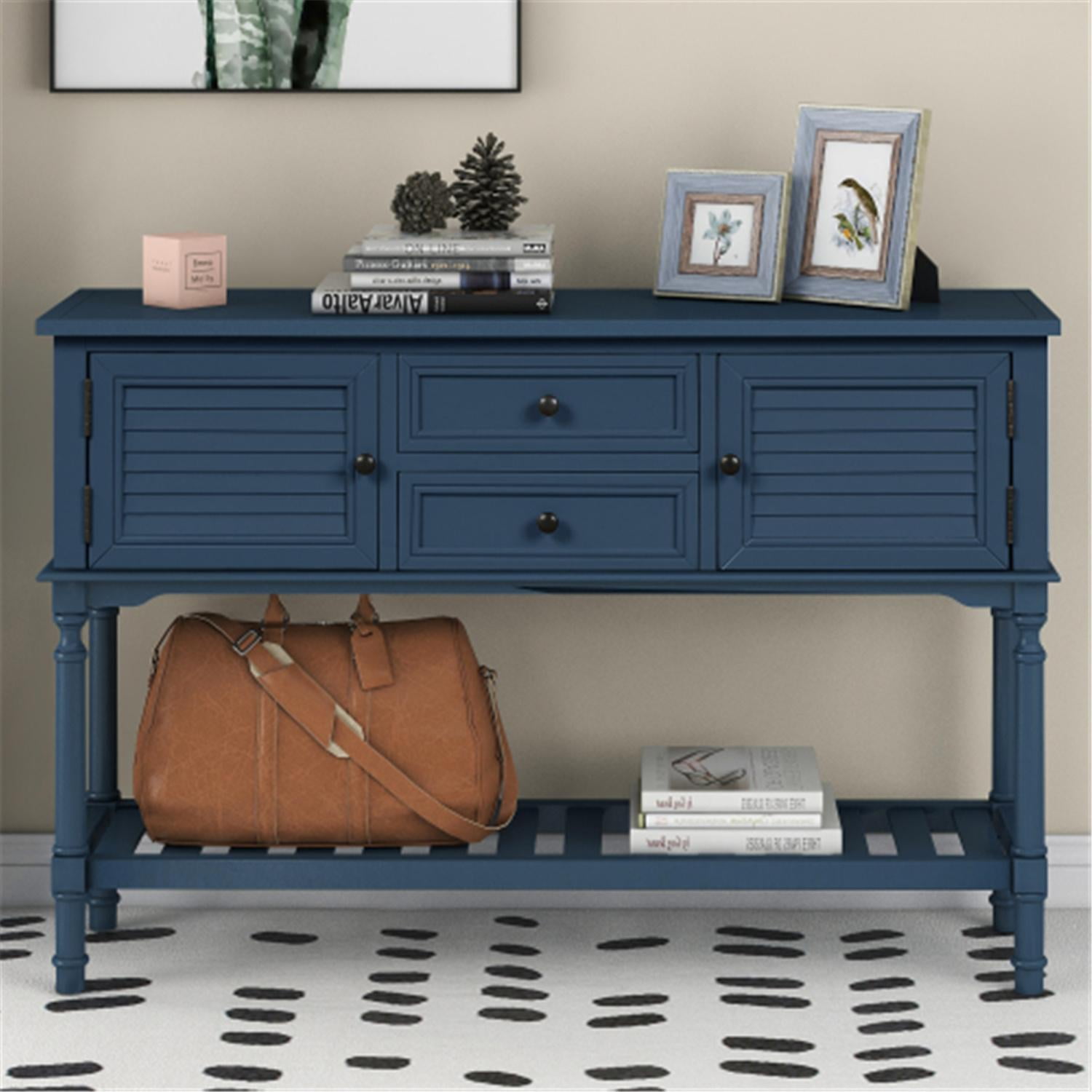 Wood Console Table with Storage Drawers and Shelves for Living Room and