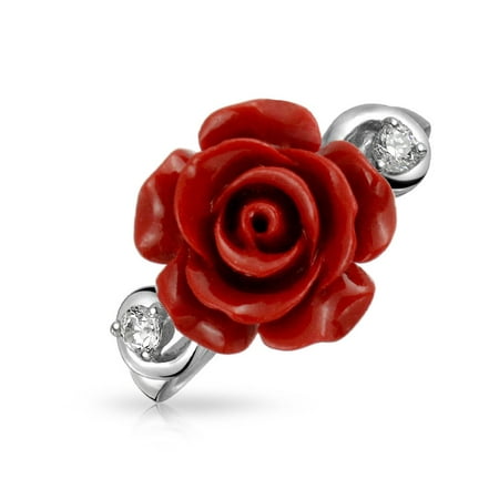 Crystal Rose Flower Ring CZ Accent Flower Fashion Red Craved Rose Statement Ring For Women For Teen 925 Sterling Silver ()