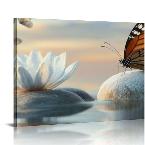 FCXZI Lotus Floral Zen Stone Butterfly Bathroom Canvas Wall Large Painting Pictures Farmhouse Rustic Vintage Retro Wall Art Wall Decor Artwork For Living Room Bedroom Home Wall Art Decor 16x12in